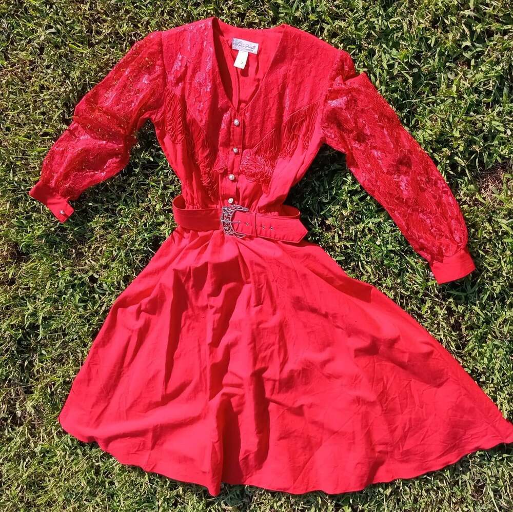 LILIA SMITY Vintage Western Dress Cowgirl Maxi Red Fringed Stud Buttons 9/10 - Picture 2 of 11